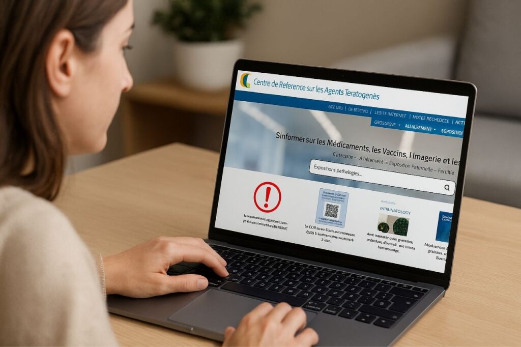 Femme consultant le site du CRAT sur son ordinateur portable pour vérifier la sécurité des médicaments et des expositions pendant la grossesse